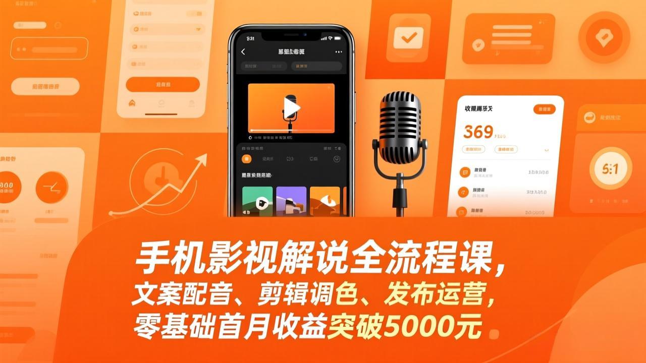 手机影视解说全流程课，文案配音、剪辑调色、发布运营，零基础首月收益突破5000元-俊哥