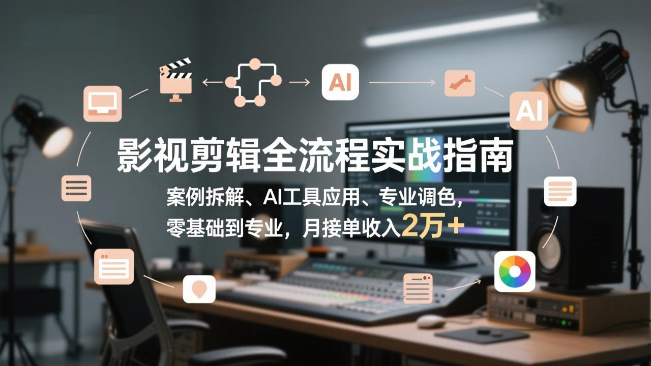 影视剪辑全流程实战指南，案例拆解、AI工具应用、专业调色，零基础到专业，月接单收入2万+-俊哥