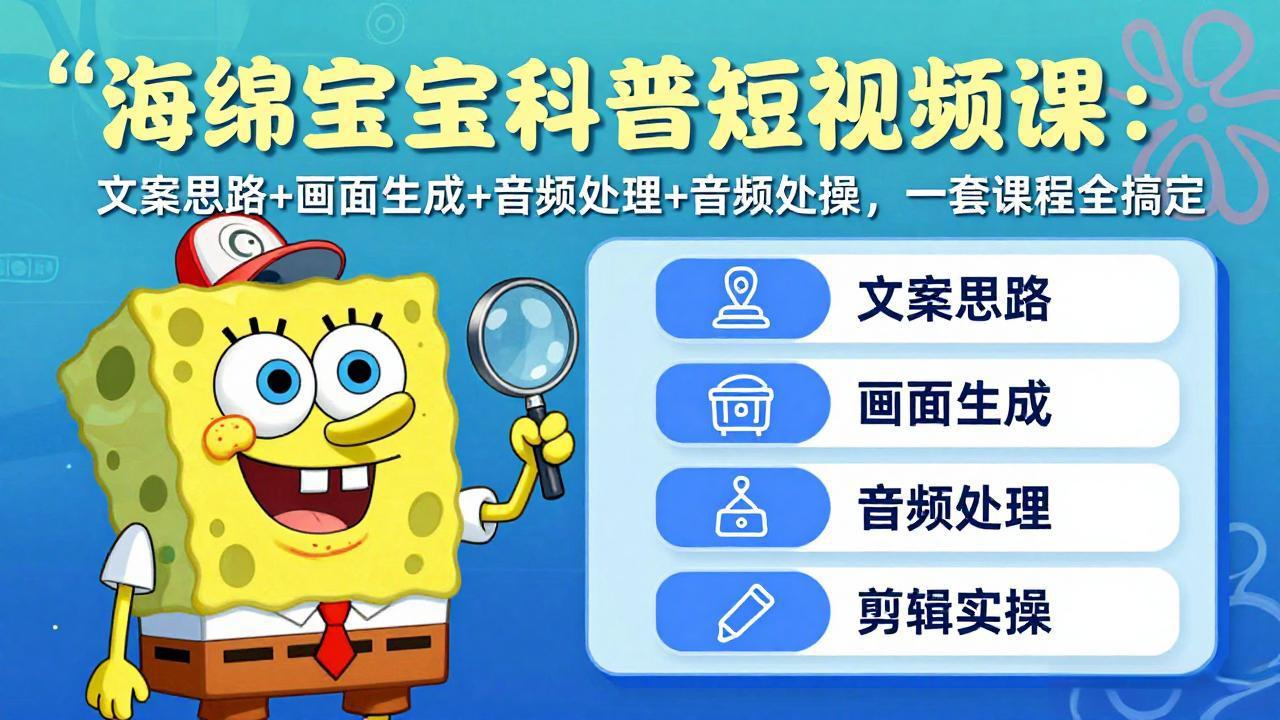 海绵宝宝科普短视频课：文案思路+画面生成+音频处理+剪辑实操，一套课程全搞定-俊哥