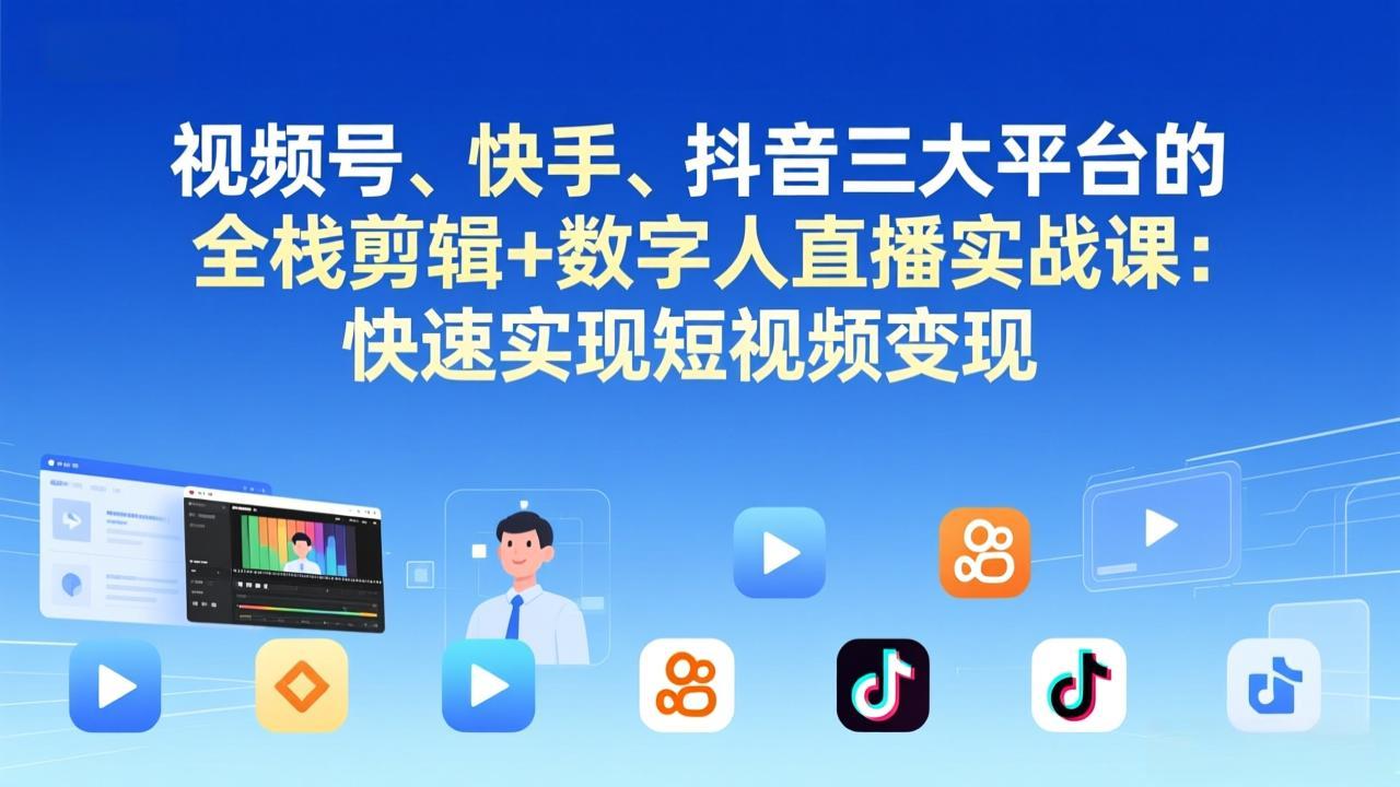 视频号+快手+抖音三大平台的全栈剪辑+数字人直播实战课-3月更新：快速实现短视频变现-俊哥