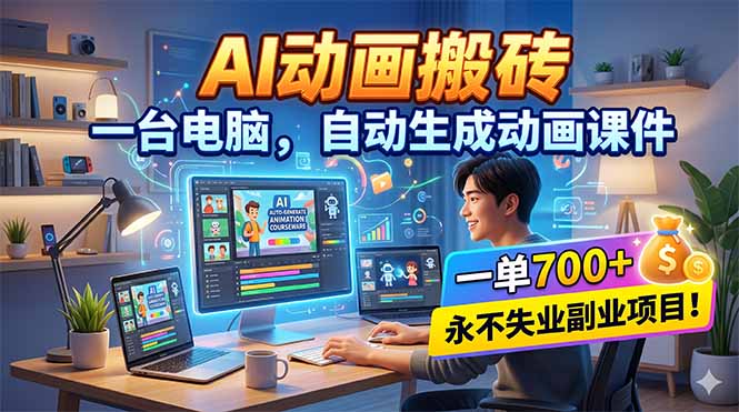 AI动画搬砖，一台电脑，自动生成动画课件，一单800+ 永不失业副业项目！-俊哥