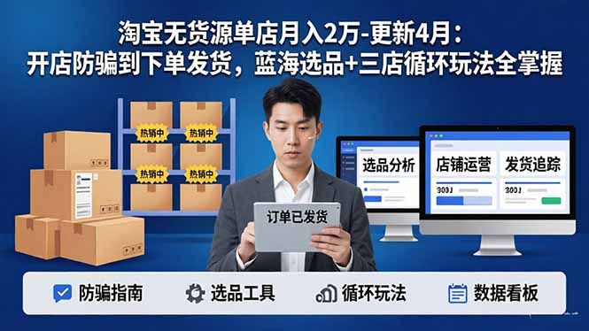 淘宝无货源5.0单店月入2万-更新4月:开店防骗到下单发货,蓝海选品+三店循环玩法全掌握-俊哥