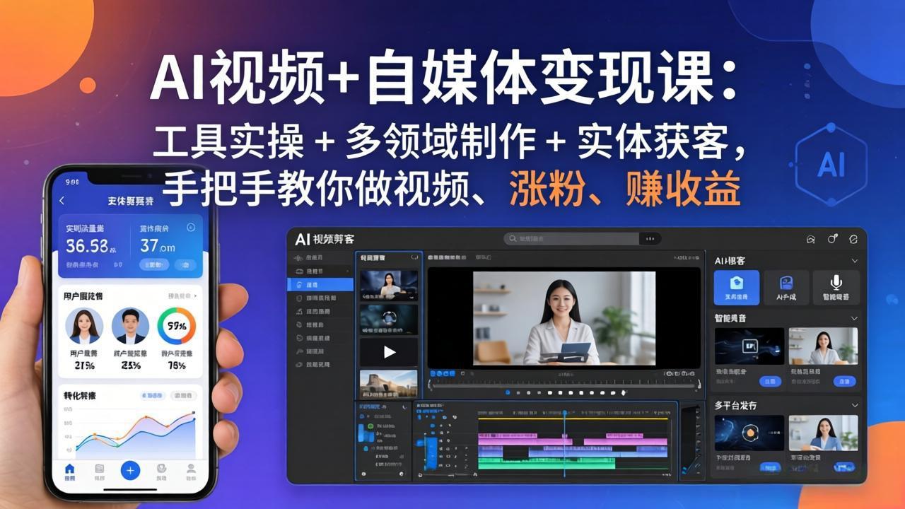 AI视频+自媒体变现课:工具实操 + 多领域制作 + 实体获客,手把手教你做视频、涨粉、赚收益-俊哥