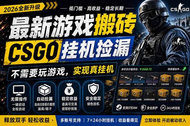 最新游戏搬砖,CSGO纯挂机,不需要玩游戏,实现真挂机,月入1W+,五一小高峰上车可吃肉,…-俊哥