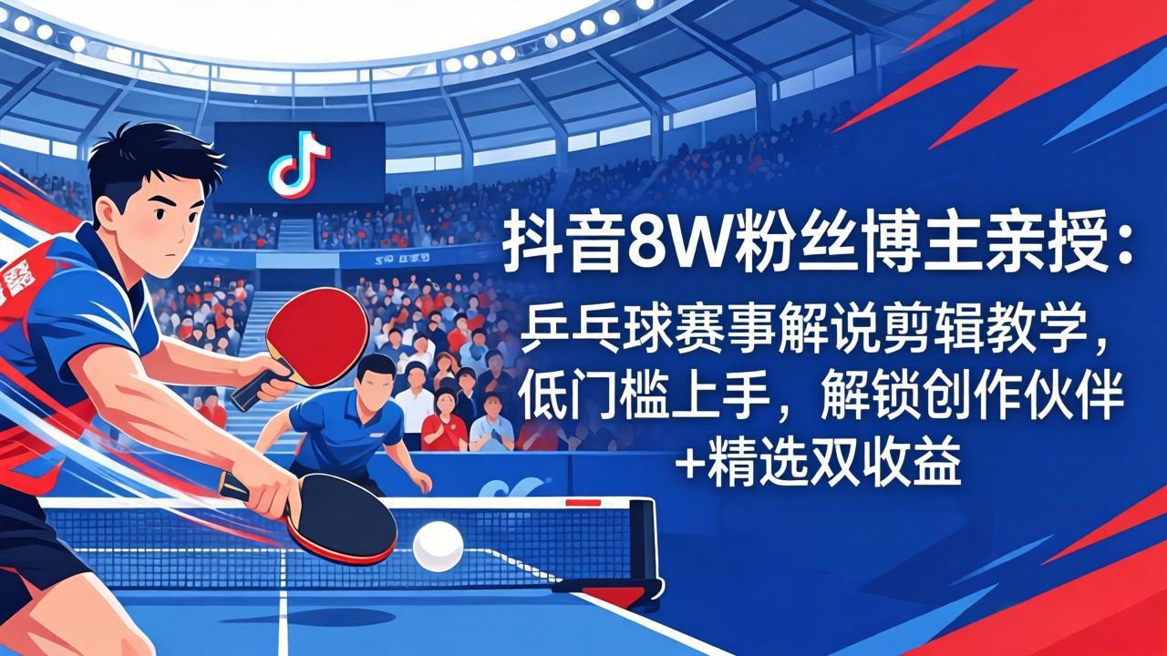 抖音8W粉丝博主亲授：乒乓球赛事解说剪辑教学，低门槛上手，解锁创作伙伴+精选双收益-俊哥