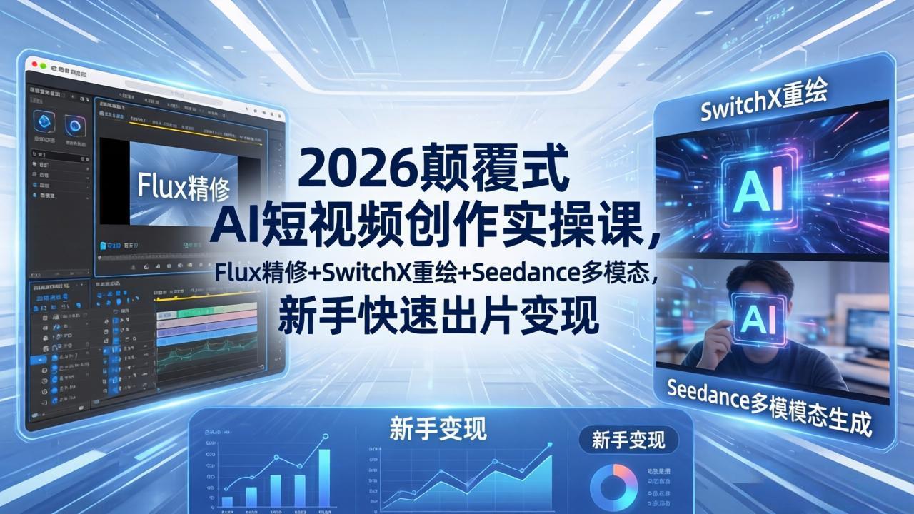 2026颠覆式 AI短视频创作课-5月更新，Flux精修+SwitchX重绘+Seedance多模态，新手快速出片变现-俊哥
