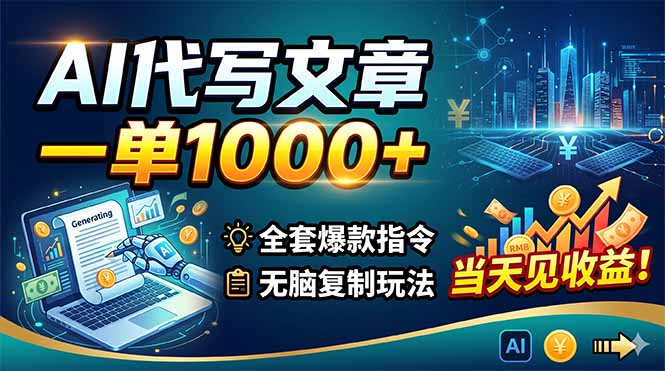 AI代写文章，一单1000+，全套爆款指令+无脑复制玩法，当天见收益！-俊哥