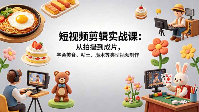 短视频剪辑实战课:从拍摄到成片,学会美食、粘土、魔术等类型视频制作-俊哥