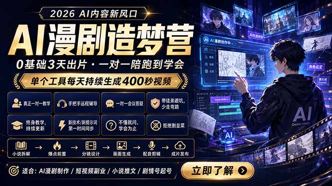 AI漫剧造梦营:0基础3天出片,单个工具每天持续生成400秒视频-俊哥