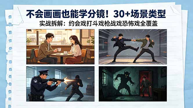 不会画画也能学分镜！30+场景类型实战拆解：约会戏打斗戏枪战戏恐怖戏全覆盖-俊哥